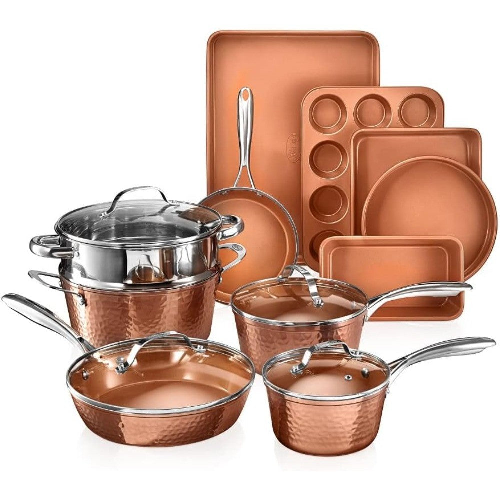 15-Piece Gotham Steel Hammered Ceramic Nonstick Cookware Set with Deep Copper Pots, Pans, Bakeware, and Deep Fry Pan
