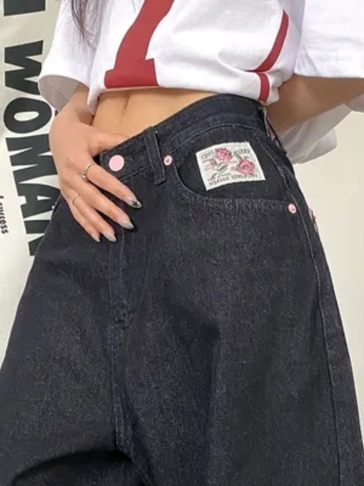 Ba Embroidered Letter Print Jeans Women's Spring New Sweet Cool Spicy Girl High Waist Slimming Long Pants Faionable Commute