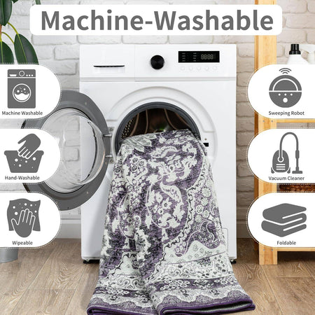 Area Rugs for Living Room, Machine Washable Vintage Rug, Non-Slip Low Pile Throw Rugs with Rubber Backing Washable Carpet
