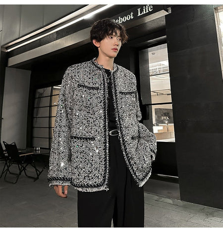 Korean Fashion Shiny Sequin Jacket Sliver Round Collar Long Sleeve Jackets Coats Autumn New Ladies Gentleman High Street