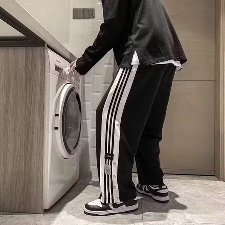 Button down casual pants for men in summer, Korean style trendy stripes, color blocked high street straight leg pants, Hong Kong