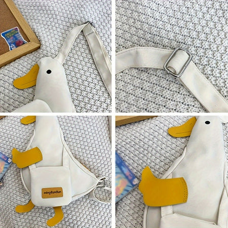 Beige and white new cute duck shape canvas bag student chest bag shoulder bag trend funny cartoon crossbody bag 1 outfit