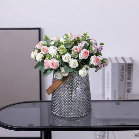 10 Heads pink Artificial Silk Rose Flowers Fake White Eucalyptus  Peony Flower Bouquet, for Home Wedding Party Garden Decoration