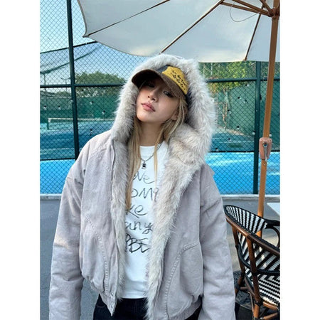 American Street Fur Collar Zipper Hooded Jacket Women Autumn Winter Retro New Velvet Thickened Warm Fashion Loose Casual Jacket