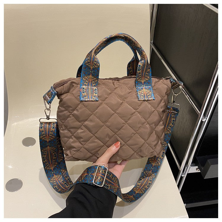 Women Wide Shoulder Belt Handbag Fall/Winter Rhombus Space Cotton Shoulder Bag Large Capacity All-Match Shopping Tote Bag