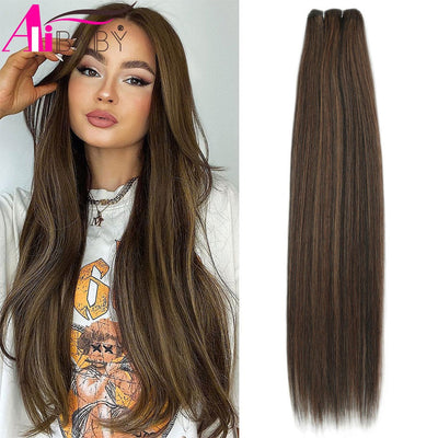 Alibaby Straight Hair Bundles Extensions Smooth Ombre Hair Weaving 26Inch Long Synthetic Straight Hair Bundles Full to End 150g