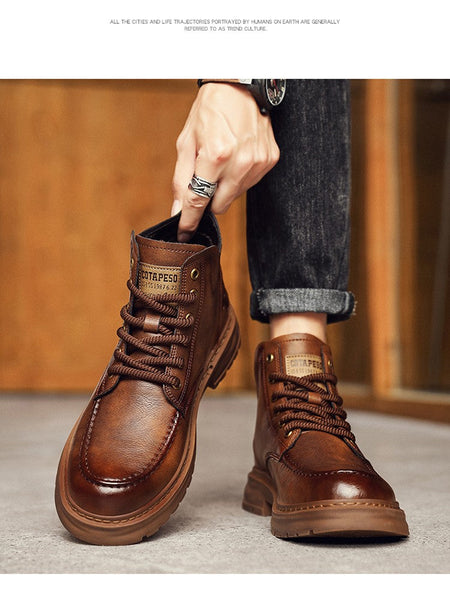 Hot Sale Brown Men's Boots Comfort Outdoor Men Motorcycle Boots Casual Lace-Up Ankle Boots Man Platform Boots botas para hombre