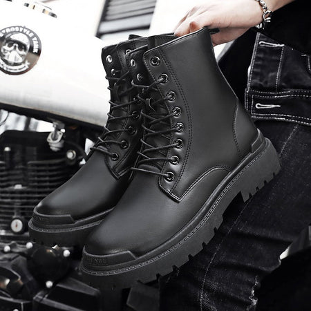 Black Men's Casual Leather Boots Fashion Winter Men Work Boot Mens Shoes Non-slip Designer High Top Ankle Boots Motorcycle Shoes