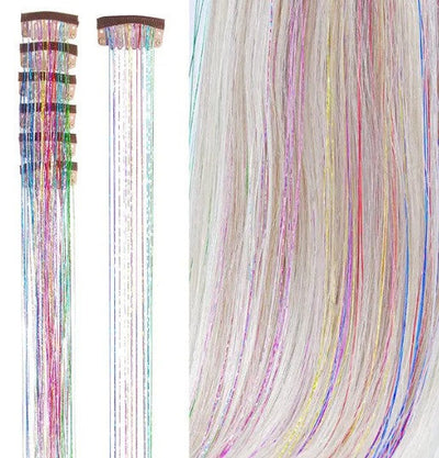 6Pcs 50cm Sparking Shiny Hair Tinsel Hair Extensions Tinsel Synthetic Hair Clip  Extensions Women for Braiding Headdress
