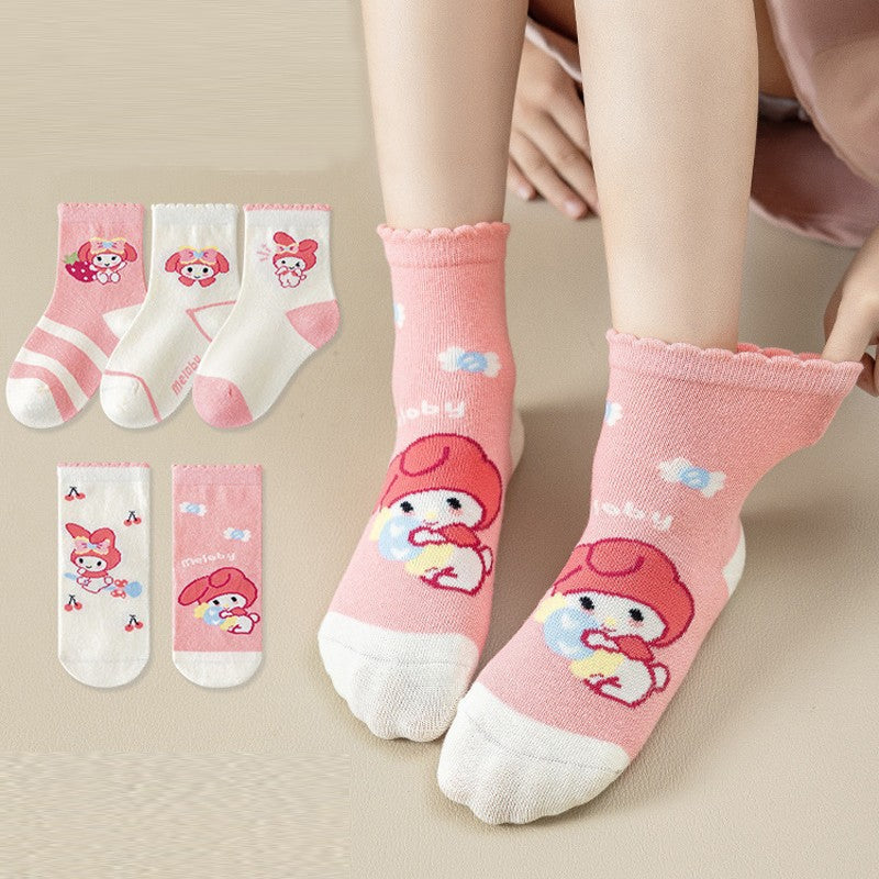 5Pairs Sanrio Cinnamoroll Kuromi Kawaii Spring and Autumn Cartoon Middle Tube Socks For Girls Boy Children Mid-calf Cotton Socks