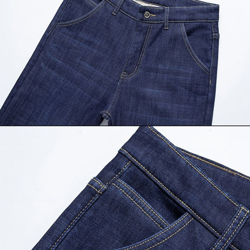 Men Winter Fleece Lined Thickened Warm Jeans Male Fashion Loose Straight Slim Fit Denim Pants Smart Casual Comfortable Trousers