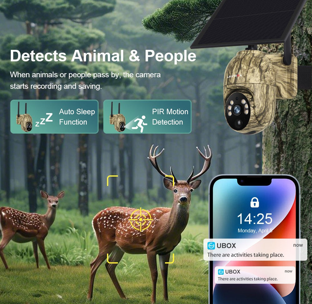 LS VISION 2K 4G Solar Security Cameras WIFI Wireless Outdoor 360° Live View Animal Monitoring Camouflage Color Battery PTZ Cam