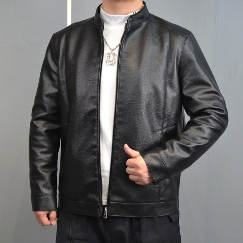 Men's Stand Collar Slim Fit Autumn Winter New Haining Leather Jacket Men's Middle-aged Plus Velvet Thickening