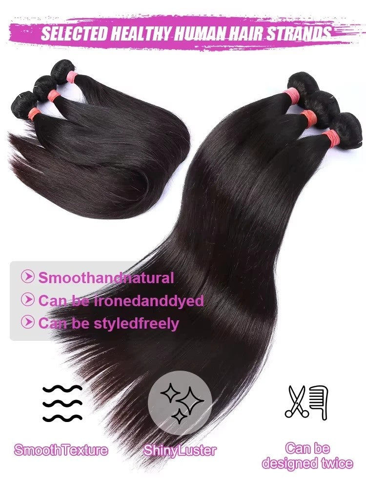 26 28 30 Inches Straight Human Hair Bundles Brazilian Raw Remy Weave 100% Unprocessed Extension Weft Natural Black For Women
