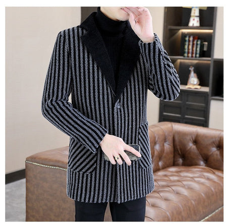 Classic Autumn Winter Men's Mid-Length Woolen Coats Casual Striped Overcoat Outwear Windbreaker Business Warm Long Jackets
