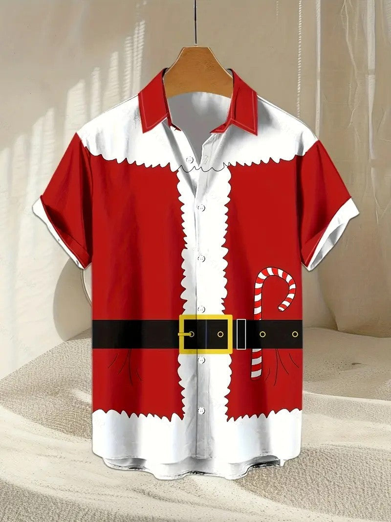 3D Print Christmas Themed Santa Claus Graphic Beach Shirts Men's Short Sleeve Lapel Hawaiian Shirt Summer Button Vacation Shirts