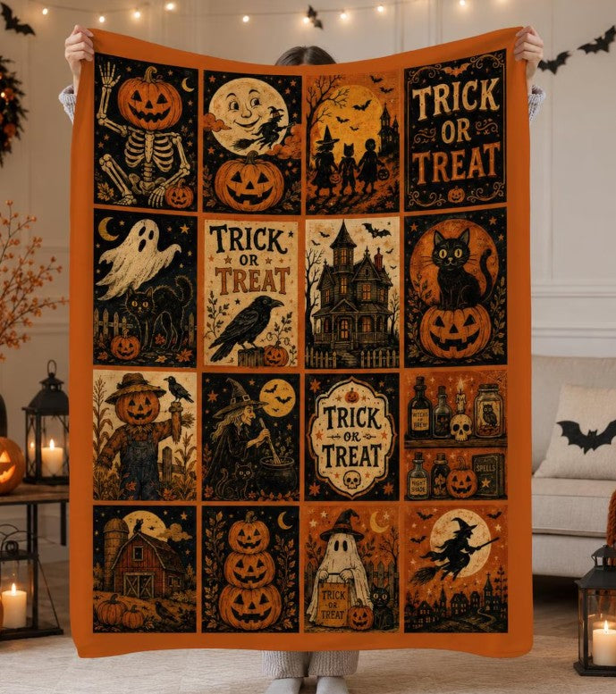 Vintage Halloween Trick or Treat Blanket, Spooky Pumpkin Ghost Cat Throw Blanket, Retro Halloween Decor Blankets
