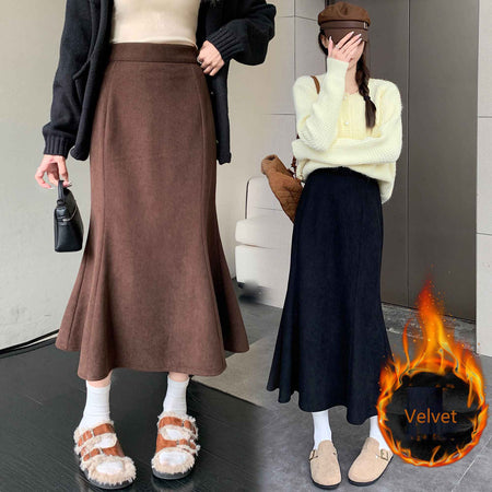 Plus Size Skirt Women 2024 Winter High Waist Elastic Velvet A Line Mermaid Skirt Korean Style Elegant Brown Or Black Long Skirts