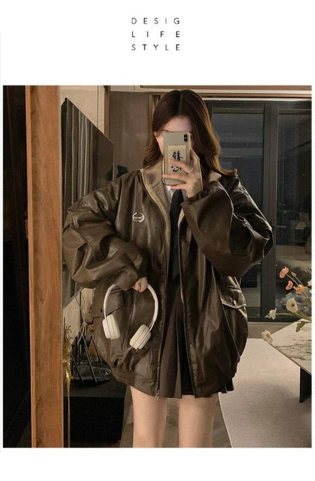 Maillard Fashion PU Leather Jacket With Lambswool Coat Both Sides Female Y2K Winter New Velvet Locomotive Cotton-padded Jacket