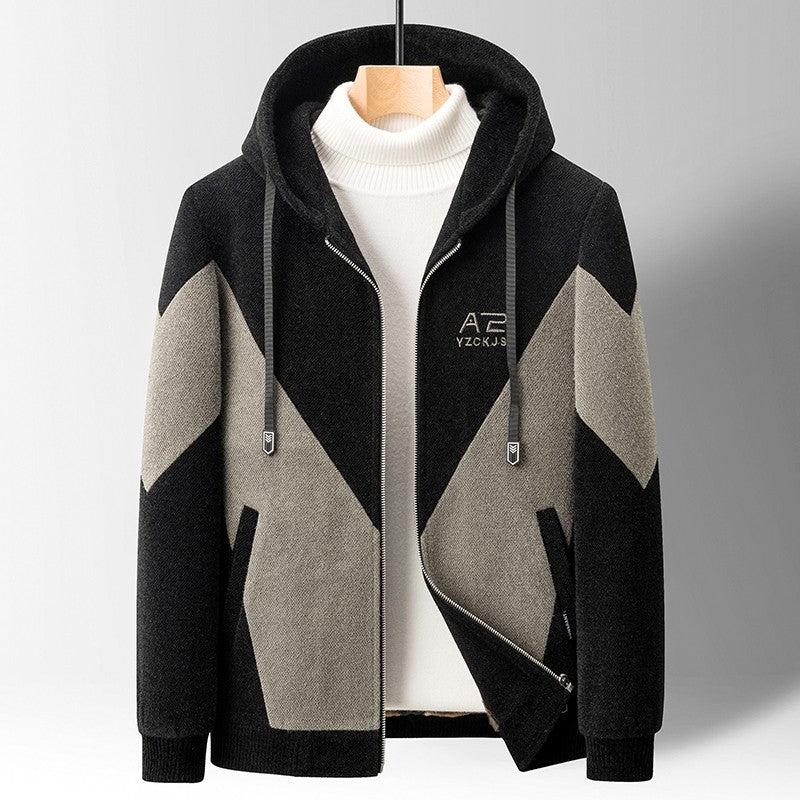 Winter Patchwork Woolen Jacket Men Hooded Short Trench Coat Thickened Warm Casual Business Social Overcoat