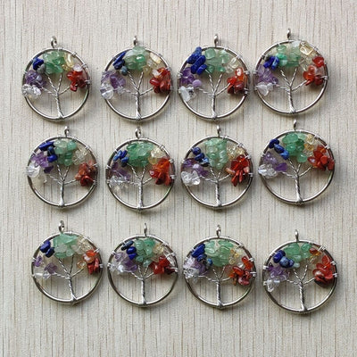 Natural Amethysts Roses Quartz Stone Handmade Wire Wrapped Tree of Life Pendants 30mm for Jewelry Marking Wholesale 12pcs/lot