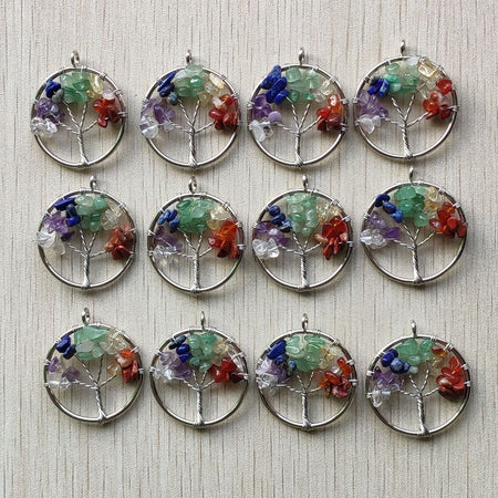 Natural Amethysts Roses Quartz Stone Handmade Wire Wrapped Tree of Life Pendants 30mm for Jewelry Marking Wholesale 12pcs/lot