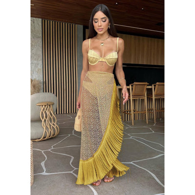 Swimsuit 3 Pcs Set with Tassel Skirt Bikini Women Swimsuit Button High Waist Swimwear Bathing Suit Beachwear Biquini