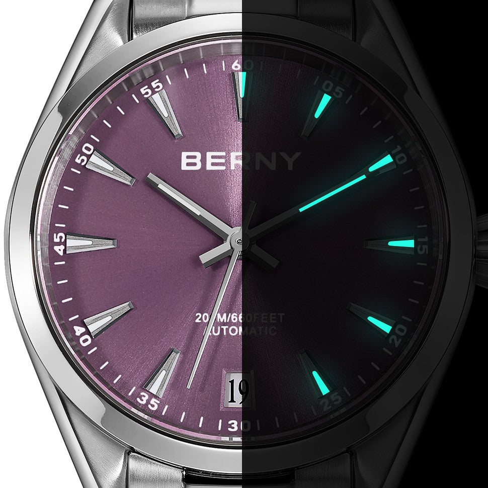 BERNY Automatic Women Watch PT5000 Sapphire Mechanical Elegant Women's Swim Watches 20ATM Full Stainless steel Swim Wristwatch