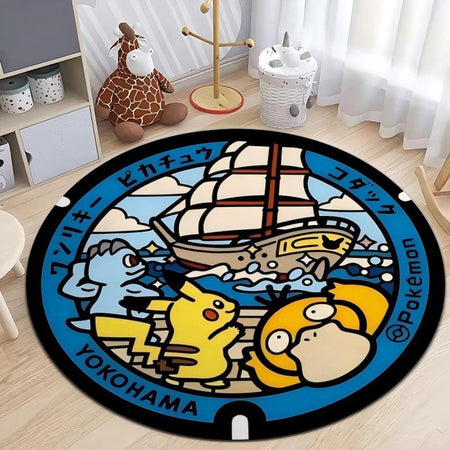 MINISO Japanese Anime Pokemon Round Rugs Non-Slip Floor Mat for Home Living Room Bedroom Circle Rug Washable Round Carpet Decor