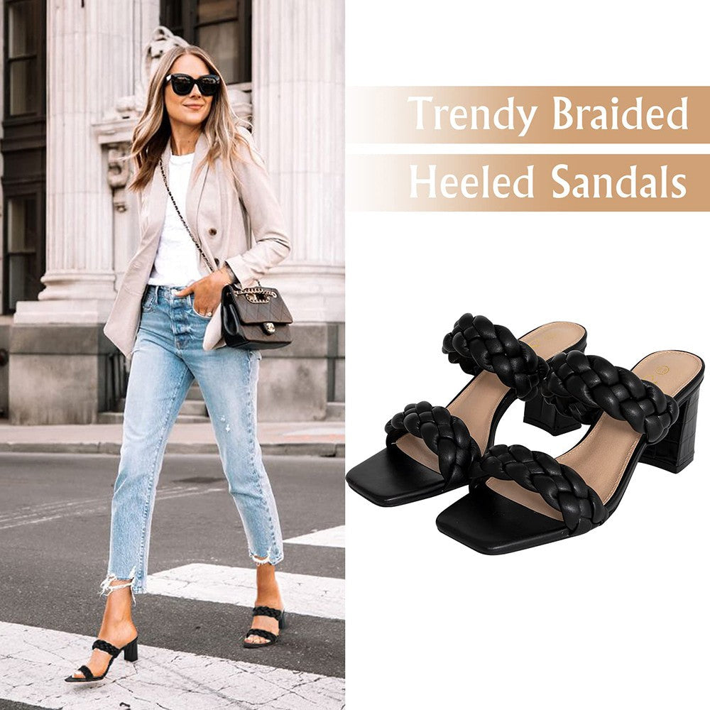 Elegant Women's Braided Heels Sandalias Fashion Strappy Square Sandals Open Toe Backless Mules Slip On Block Heeled Shoes