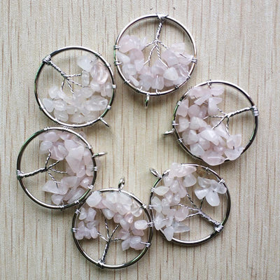 Natural Amethysts Roses Quartz Stone Handmade Wire Wrapped Tree of Life Pendants 30mm for Jewelry Marking Wholesale 12pcs/lot