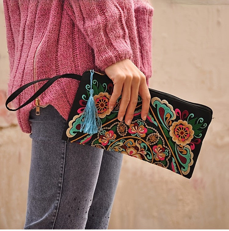 Ethnic Floral Embroidery Long Wallet Wristlet Clutch Bag Phone Vintage Embroidered Wristlet Clutch Evening Bag Wallets for Women