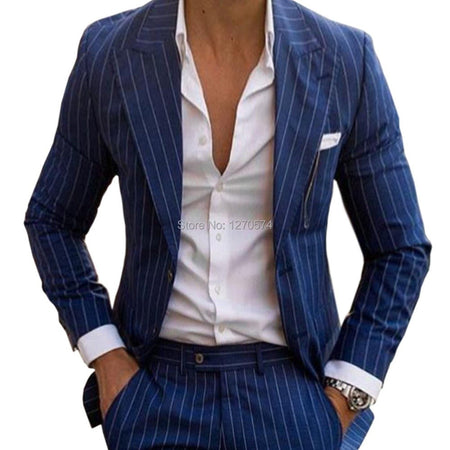 Slim Fit Pinstripe Smoking Suit for Men Peaked Lapel Tuxedo 2-Piece Blazer And Pants Wedding Groomsmen Formal Wear