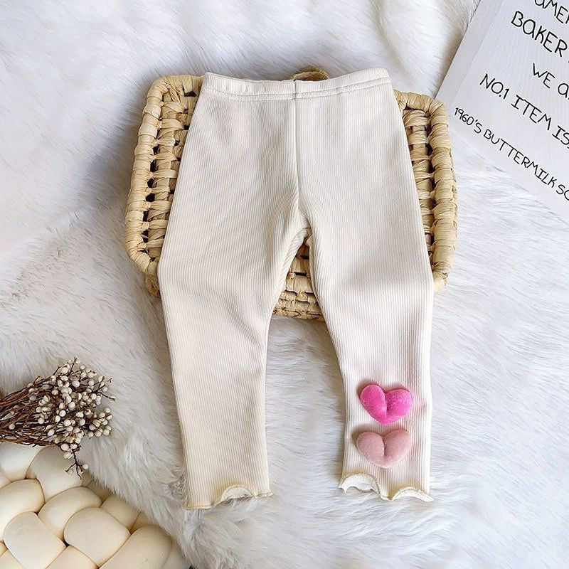 1-6Y Fleece Lined Leggings for Girls Winter Warm Bear Patch Elastic Pants Soft Kids Trousers Teenage Girls Clothing