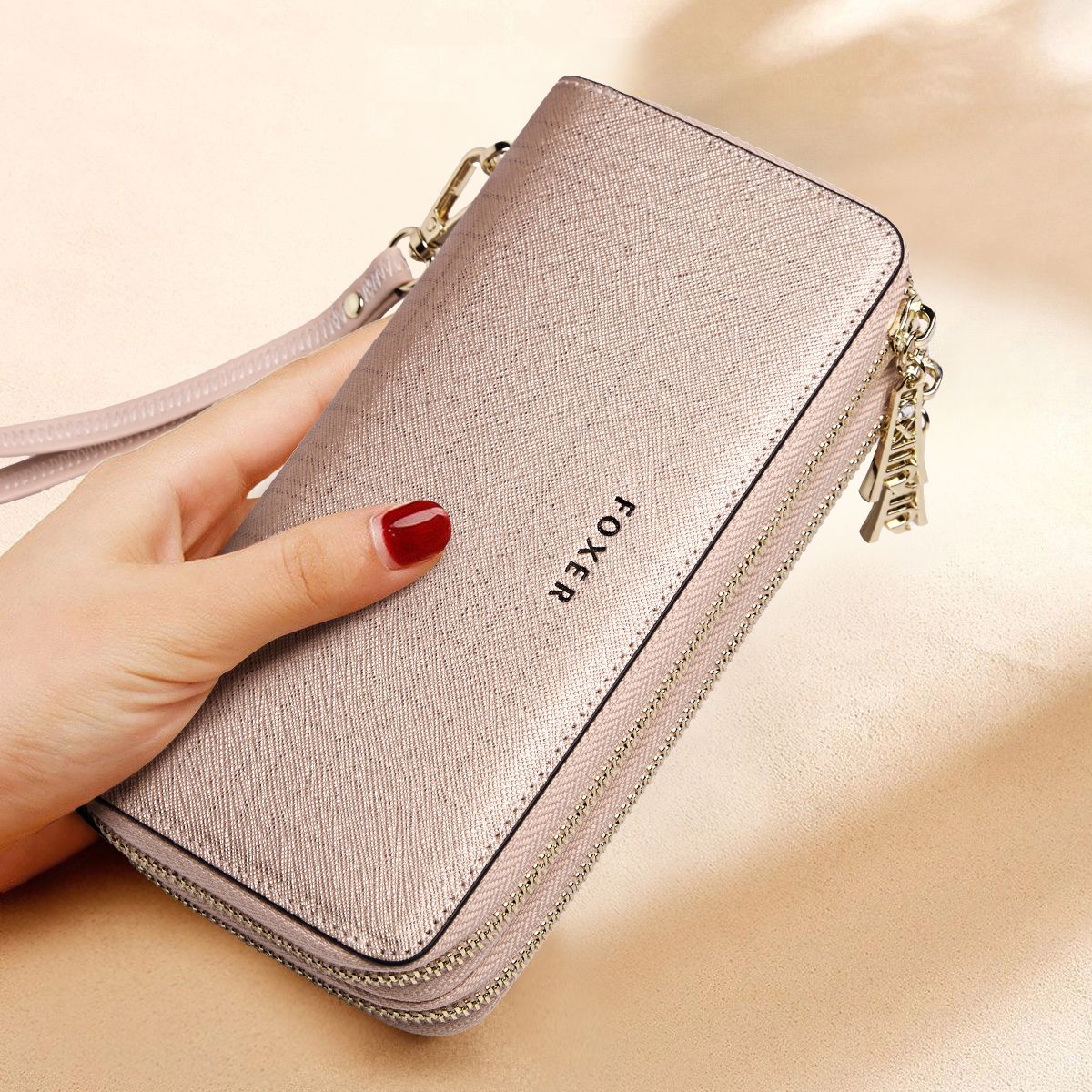 FOXER Split Leather Lady's Wallet Bifold Long Clutch Bag with Wristlet Fashion Card Holder Coin Purse Cellphone Money Bag