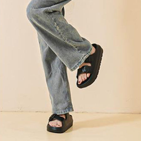 Bebealy Summer Breathable Soft-soled Beach Shoes Women Outdoor Double Buckle Embellished Sandals Non-slip Thick Sole Slippers