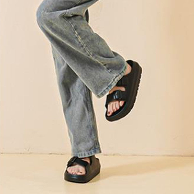 Bebealy Summer Breathable Soft-soled Beach Shoes Women Outdoor Double Buckle Embellished Sandals Non-slip Thick Sole Slippers