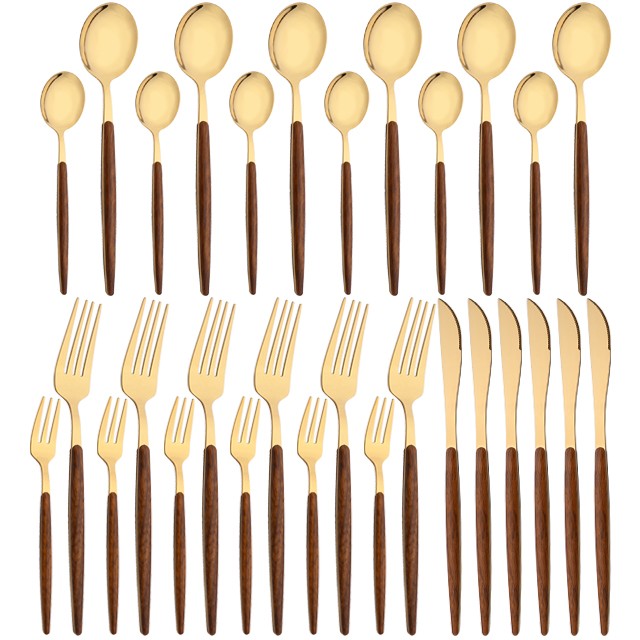 16/24/36Pcs Dinnerware Set Stainless Steel Imitation Wooden Handle Clamp Western Knife Fork Spoon Cutlery Tableware Silverware