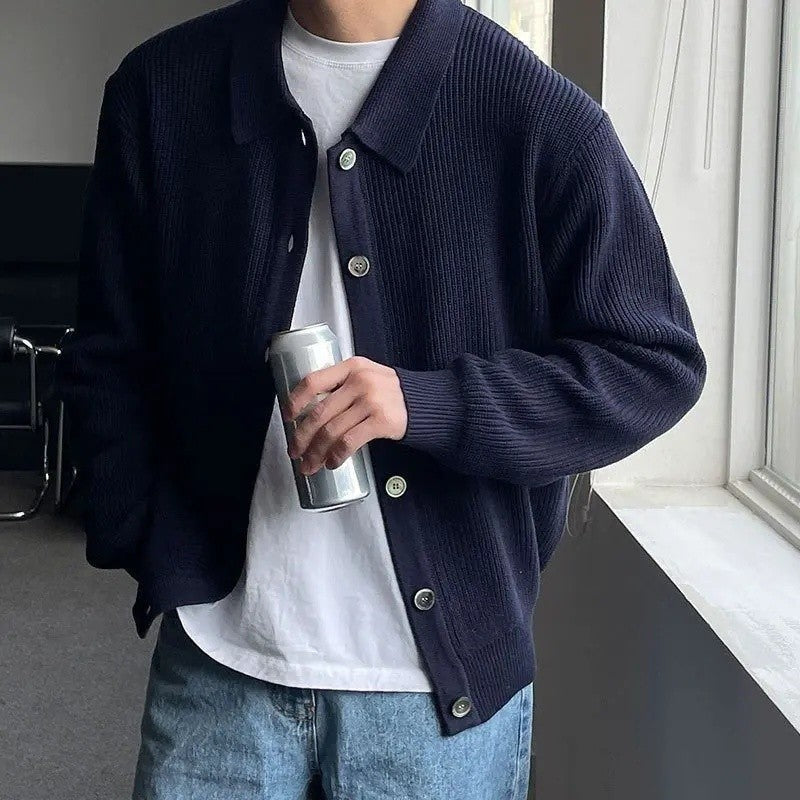 Early Autumn Casual Men's Knitted Cardigan Green Collar Open Front Sweater Trendy Korean Style Dongdaemun Fashion Streetwear