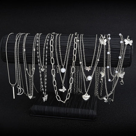 13Pcs/Set Simple Temperament Necklace Set Butterfly Pearl Heart Star Zircon Silver Color Necklace for Women Fashion Jewelry Gift