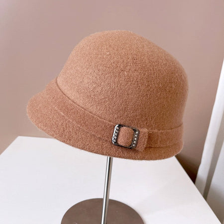 Japanese Wool Hat Women's Autumn and Winter Warm Knitted Hat Diamond Buckle Ribbon Fisherman Hat Front and Back Small Basin Hat