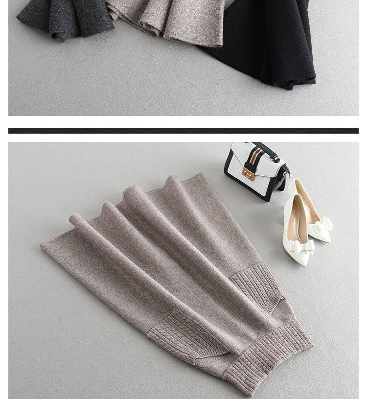 Autumn Winter Women's Mid-Length Knitted Pleated Skirt High Waist A-Line Long Skirt Loose Fuzzy Wool Skirt Double ket