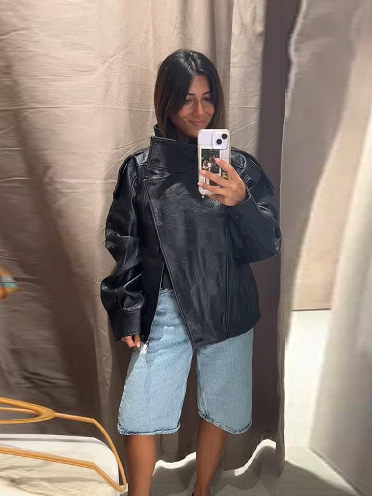 Street Stand Collar Women's Leather Jacket Loose Long Sleeve Zipper Pockets Chic Female Coats 2025 Autumn Winter Lady Outerwear