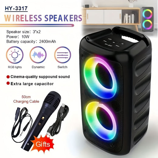 The HY-3317 wireless speaker is equipped with a subwoofer, a free microphone, and cinema grade surround sound