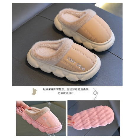 New Children's PU Leather Plush Slippers Soft Sole Non-slip Winter Warm Baby Boys Girls Indoor Home Cotton Shoes
