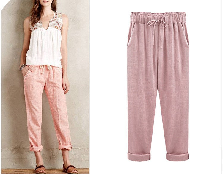 Cotton Linen Pants, Elastic Mid Waist Ankle Length Pant, Casual Women Loose Spring Pants, Female Slacks Size M-5XL 6XL 7XL 8XL