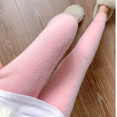 Pink Mink Velvet Pants Women High Waist Elasticity Plush Casual Thermal Leggings Tight Knitted Straight Wear Outside Trousers