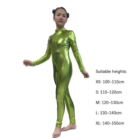 Kids Shiny Full Body Zentai Suit Metallic Tight Jumpsuit Halloween Cosplay Stage Performance Costume for Girls Boys