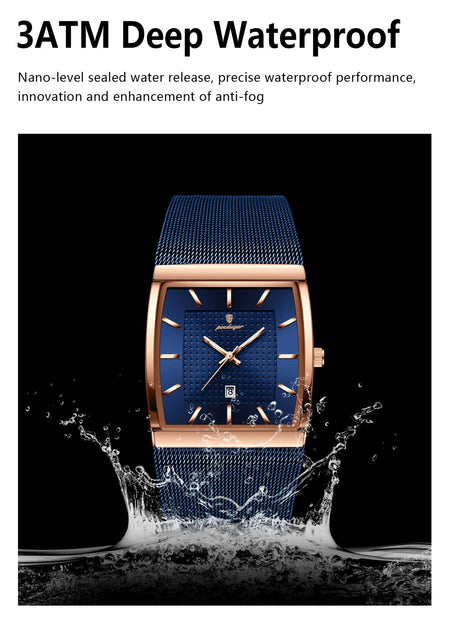 POEDAGAR Top Luxury Men Watch Stainless Steel Mesh Date Waterproof Luminous Man Wristwatch Casual Rectangle Quartz Men's Watches