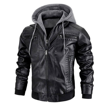 Men's PU Leather Jacket Hooded Motorcycle Slim Fit Casual Coats Men Autumn Winter Windproof Hat Detachable Biker Leather Outwear